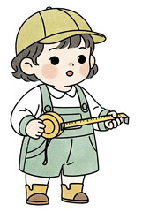 A child in a yellow cap and green overalls holds a measuring tape, showcasing curiosity and playfulness in a whimsical style.