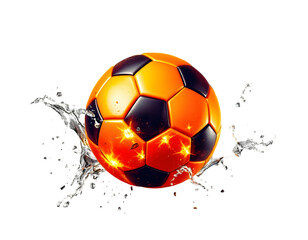 Naklejka premium Fiery Orange Soccer Ball Splashing Water - High-Impact Sports Imagery