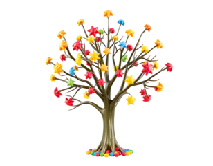 Cartoon Tree with Colorful Leaves and Star-Shaped Flowers