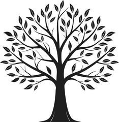 Obraz premium Black silhouette of a deciduous tree with many branches and leaves on white background nature