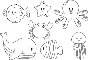  Sea Creatures Outline Illustration – Whale, Fish, Crab, Starfish, Shell, Ocean, Marine, Underwater, Sea Life, Cute, Kids, Coloring Page, Line Art, Aquatic, Doodle, Cartoon, Educational, Transparent B