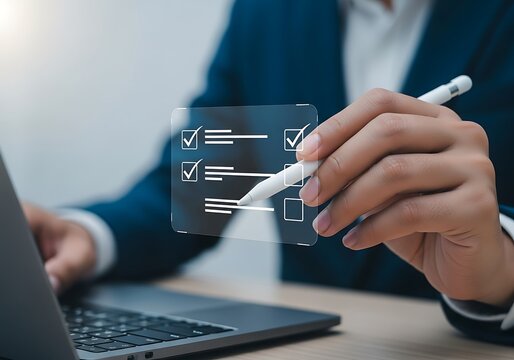 Professional completing a digital checklist on a virtual interface using a stylus, symbolizing efficient online task management, strategic planning, and effective assessment for business productivity. - Powered by Adobe