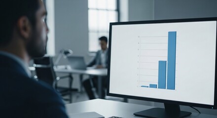 Professional Man Analyzing Business Growth Data on Computer Monitor in Modern Office.