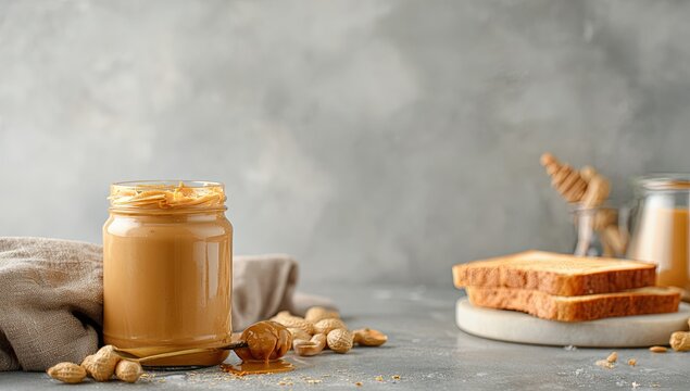 Creamy peanut butter in a glass jar, alongside roasted peanuts, a spoon with a dollop, and toasted bread slices, set against a textured grey backdrop.  A hint of honey is visible in the background - Powered by Adobe