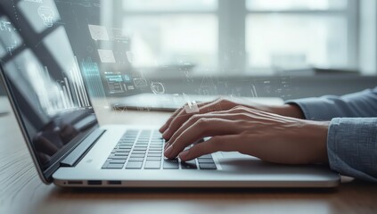 Hands typing on a laptop with digital graphics overlayed showing data and information flow