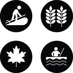 Four black circular icons depicting outdoor activities and nature activity