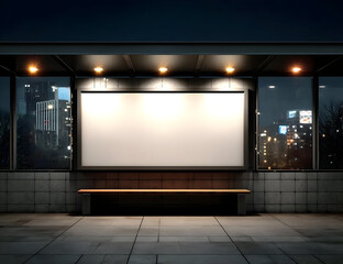 A modern bus stop at night with an empty advertisement board illuminated by bright lights, surrounded by a cityscape.