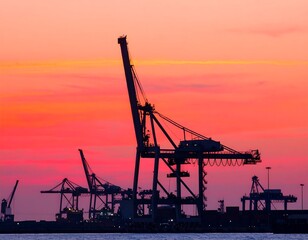 Obraz premium Silhouetted cranes at sunset over a harbor
