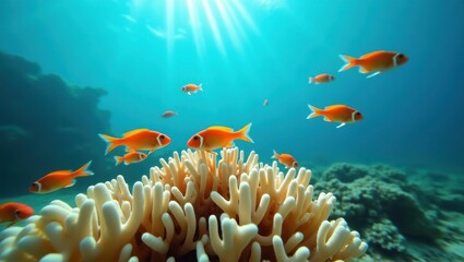 Naklejka premium School of bright orange fish swimming around vibrant coral reef underwater