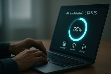 Laptop Displaying AI Training Status with Dataset, Model, and Epoch Indicators
