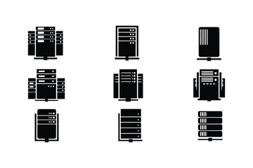 Set of black server rack icons on white background computer data center
