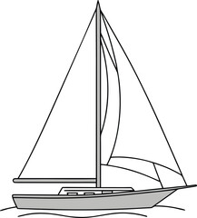 Gray sailboat with white sails on light gray water background sailing