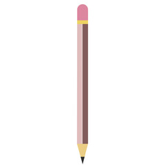 Minimalist brown pencil vector illustration with pink eraser, yellow band, and sharp graphite tip, isolated on white background.