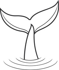 Minimalist black outline whale tail emerging from water ripples on light blue background whale fluke