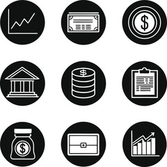Nine black finance and investment icons on white background with graph charts money