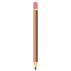 Flat vector illustration of brown pencil with pink eraser and sharpened tip, simple stationery design for school, office, and creative themes.