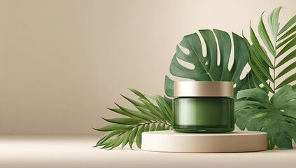 A green glass cosmetic jar with a gold lid sits on a beige cylindrical platform, surrounded by lush tropical leaves against a muted beige background