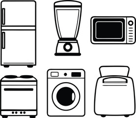 Six black and white line art household appliances on a white background refrigerator blender