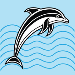 Stylized black and white dolphin leaping from blue waves jumping water