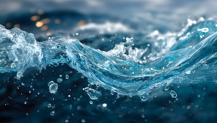 A stunning close-up of ocean waves crashing dynamically, capturing the beauty and essence of water movement with droplets sparkling under natural light.