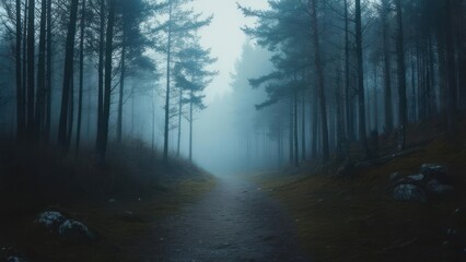 Obraz premium Mysterious Forest Path Through Dense Blue-Green Fog and Tall Pine Trees