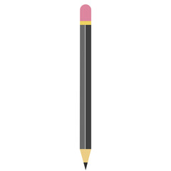 Flat vector illustration of black pencil with pink eraser and sharpened tip, simple stationery design for school, office, and creative projects.