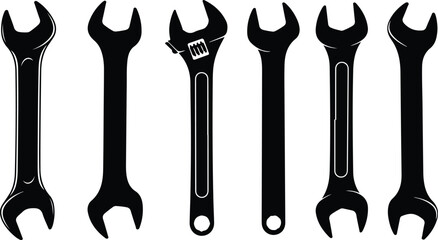 Six black silhouette wrenches arranged horizontally on a white background spanner tool