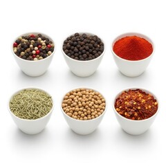 Six bowls of assorted spices and seasonings on a white background