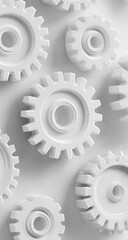 Abstract close-up view of many white gears, arranged in a  pattern