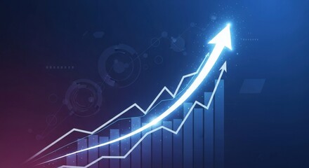 A glowing blue line graph with an arrow pointing upwards, representing business growth, financial success, and market trends on a futuristic digital background