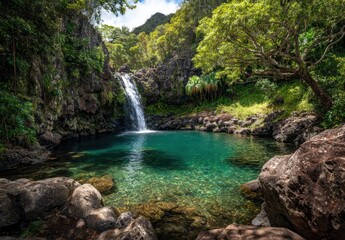 Fototapeta premium Lush waterfall cascading into a tranquil pool (1)