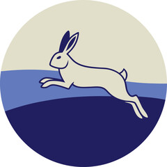 White rabbit leaping across blue and cream horizon line graphic hare jumping