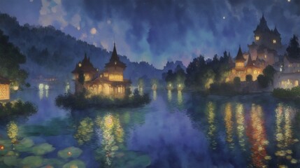 幻想的なヨーロッパの湖畔の街