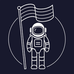 White line art astronaut planting flag in circle on dark blue background space exploration