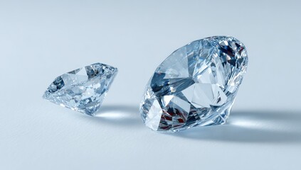 Two brilliant cut diamonds, one larger than the other, rest on a pale blue surface, reflecting light.  Their facets sparkle and catch the light in a subtle way