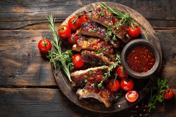 BBQ ribs, cherry tomatoes, herbs, and sauce on a wooden board