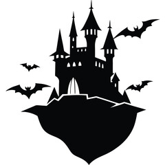 Silhouette of a spooky castle on a rocky island with flying bats