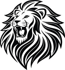 Black and white stylized lion head roaring with flowing mane vector graphic