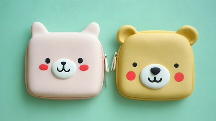 Two square zippered pouches with bear faces.