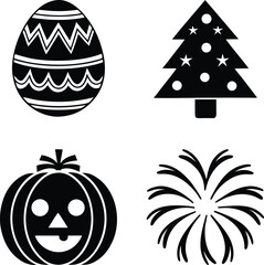 Black icons of Easter egg Christmas tree Halloween pumpkin fireworks black and white