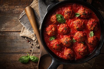 Hearty meatballs in rich tomato sauce, nestled in a cast iron pan, on a rustic wooden table.  Fresh basil garnish