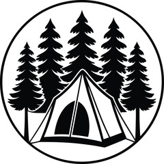 Black and white illustration of a tent and pine trees within a circle camping forest
