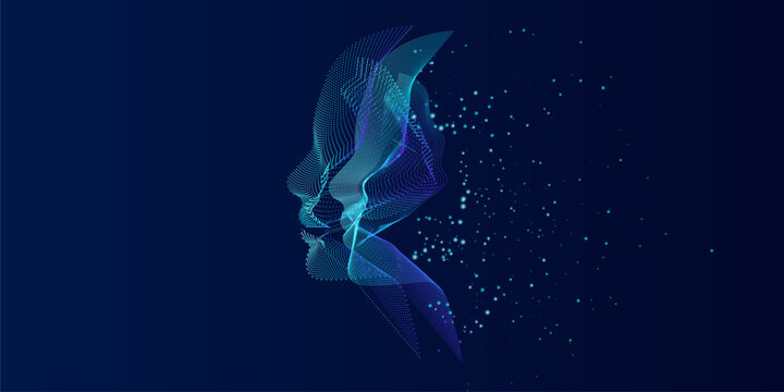 Artificial Intelligence, abstract artistic human head portrait made of dotted particles array, vector software digital visual interface. Digital soul, spirit of technological time.
