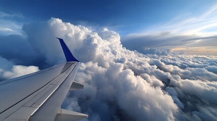 High-altitude view of cumulus clouds and an airplane wing.