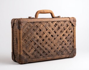 Aged wooden suitcase with a woven bamboo exterior