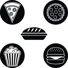 Black and white icons of pizza slice whole pizza pie popcorn and hamburger pizza slice icon whole pizza icon