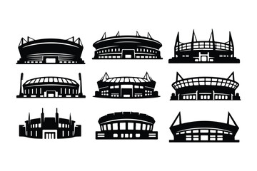 Collection of black stadium silhouettes on white background sports stadium arena