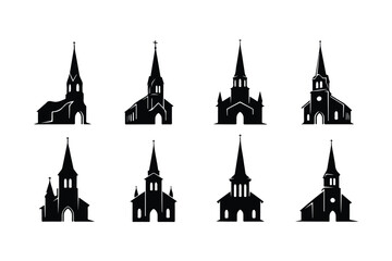 Obraz premium Collection of eight black silhouette church building icons with varied steeple designs and architectural details