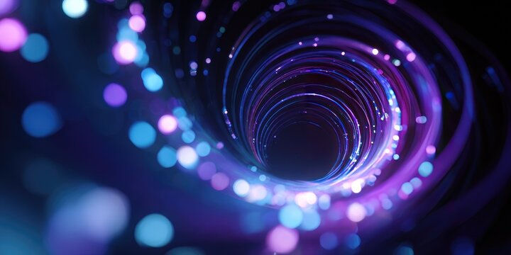 Abstract swirling tunnel of vibrant purple and blue light, filled with bokeh