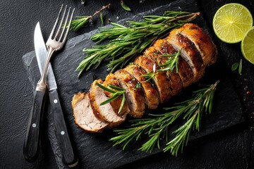 Sliced pork tenderloin, herbs, and citrus on a dark slate board